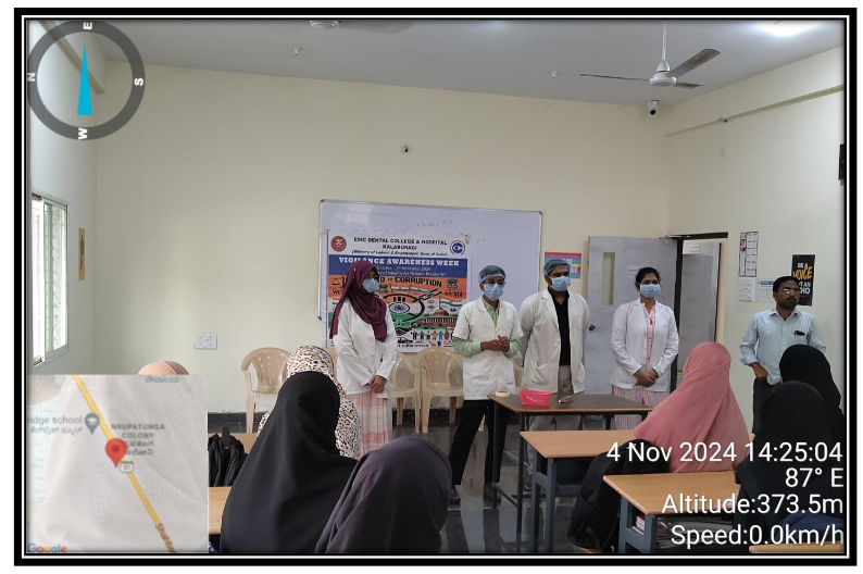 As part of Vigilance Awareness Week 2024, ESIC Dental College and Hospital, Kalaburagi, organized a series of activities from 28th October to 6th November 2024. With the theme Culture of Integrity for Nation’s Prosperity, the week aimed to raise awareness about the importance of ethics and transparency in governance and public administration. It also sought to promote integrity and eradicate corruption through the active support and participation of all citizens.