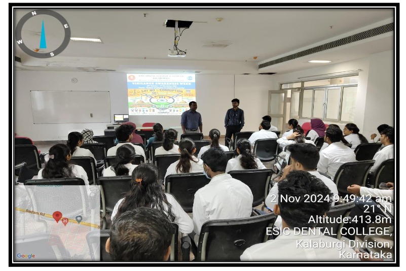 As part of Vigilance Awareness Week 2024, ESIC Dental College and Hospital, Kalaburagi, organized a series of activities from 28th October to 6th November 2024. With the theme Culture of Integrity for Nation’s Prosperity, the week aimed to raise awareness about the importance of ethics and transparency in governance and public administration. It also sought to promote integrity and eradicate corruption through the active support and participation of all citizens.