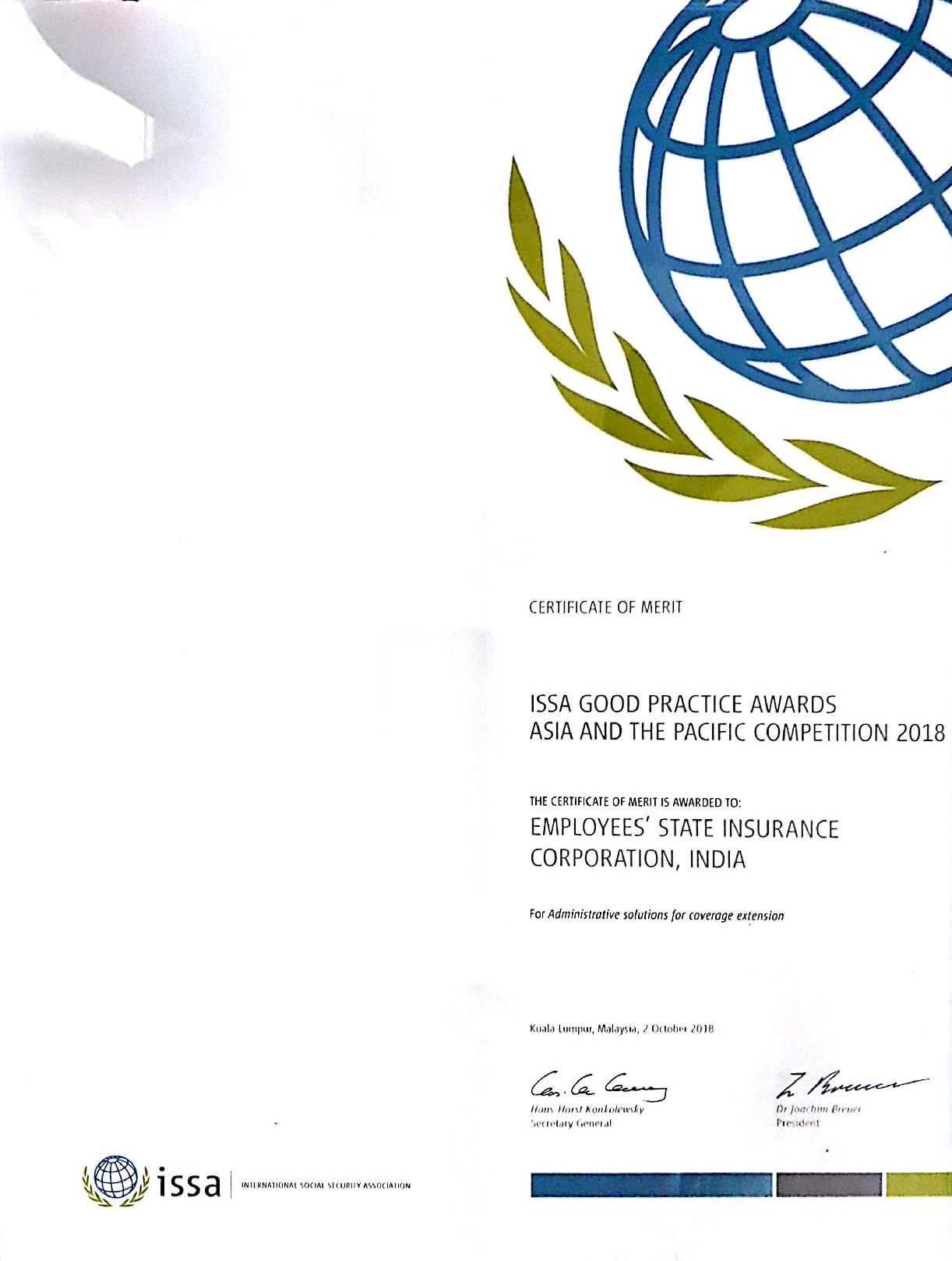 ESIC won  “ISSA Good Practice Awards, Asia & The Pacific 2018” for “Administrative Solutions for Coverage Extension”